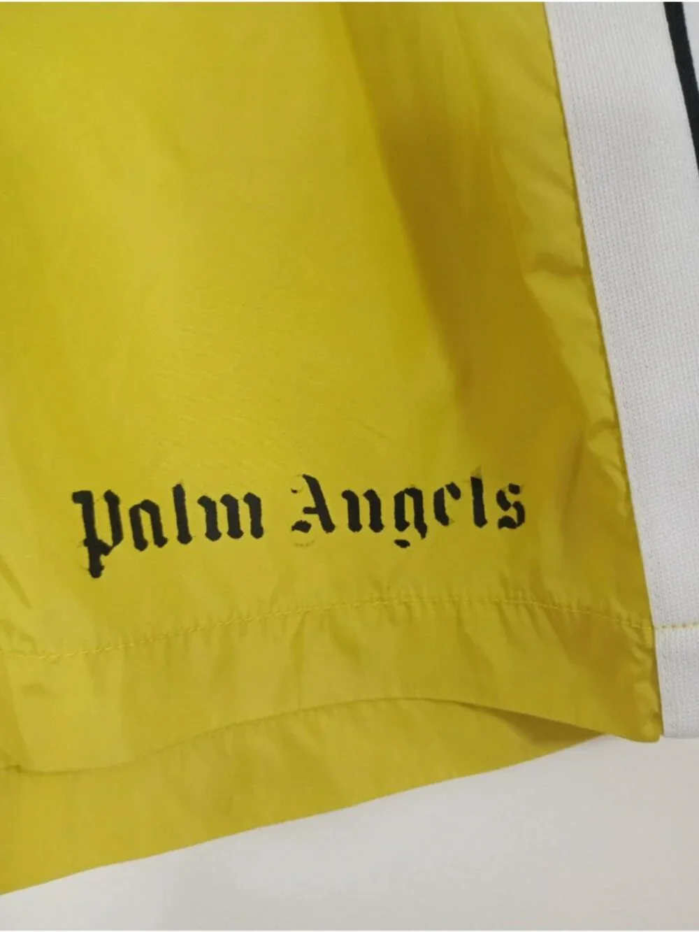 Palm Angels Yellow Nylon Athletic Shorts White Side Stripe S Elastic Waistband